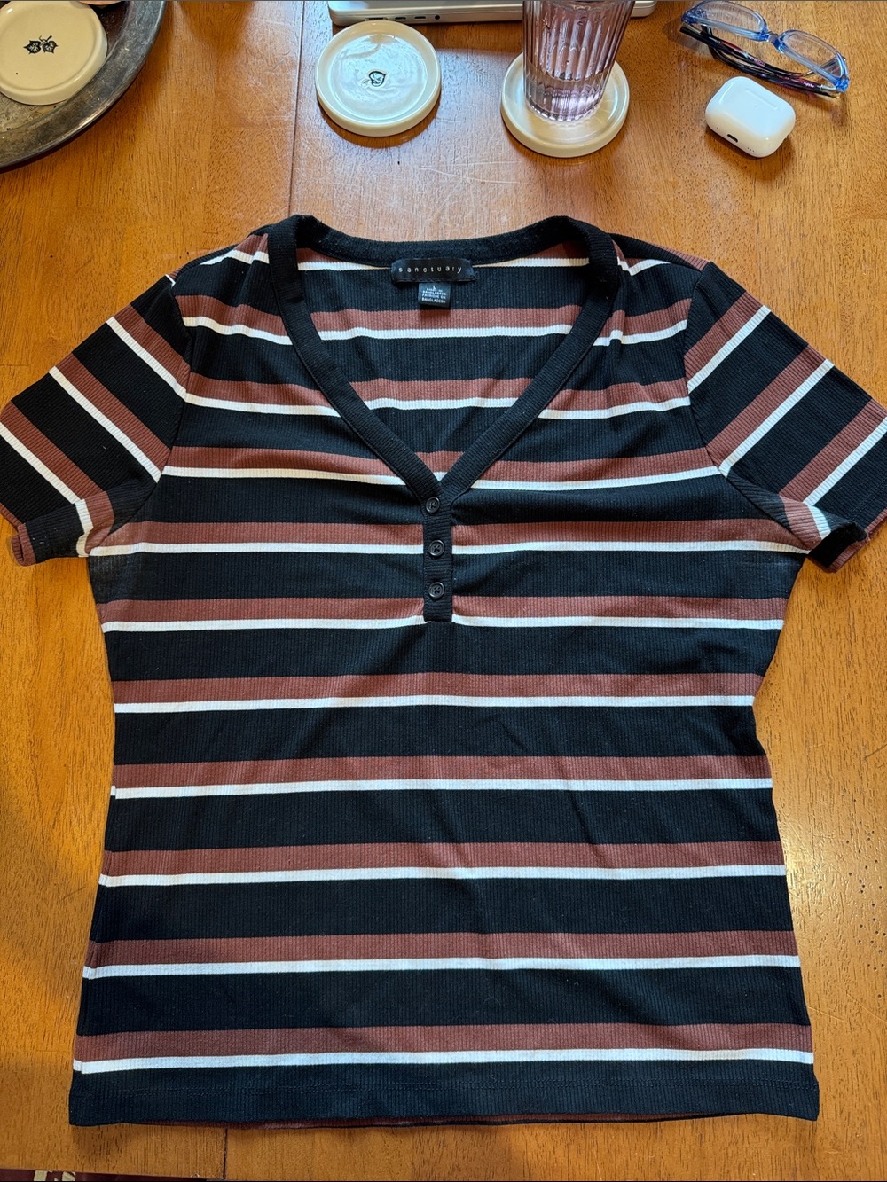 Sanctuary Black, Brown & Cream Striped V-Neck Short Sleeve Top